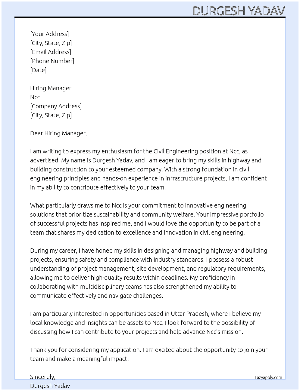 Civil engineering  At Ncc Cover Letter