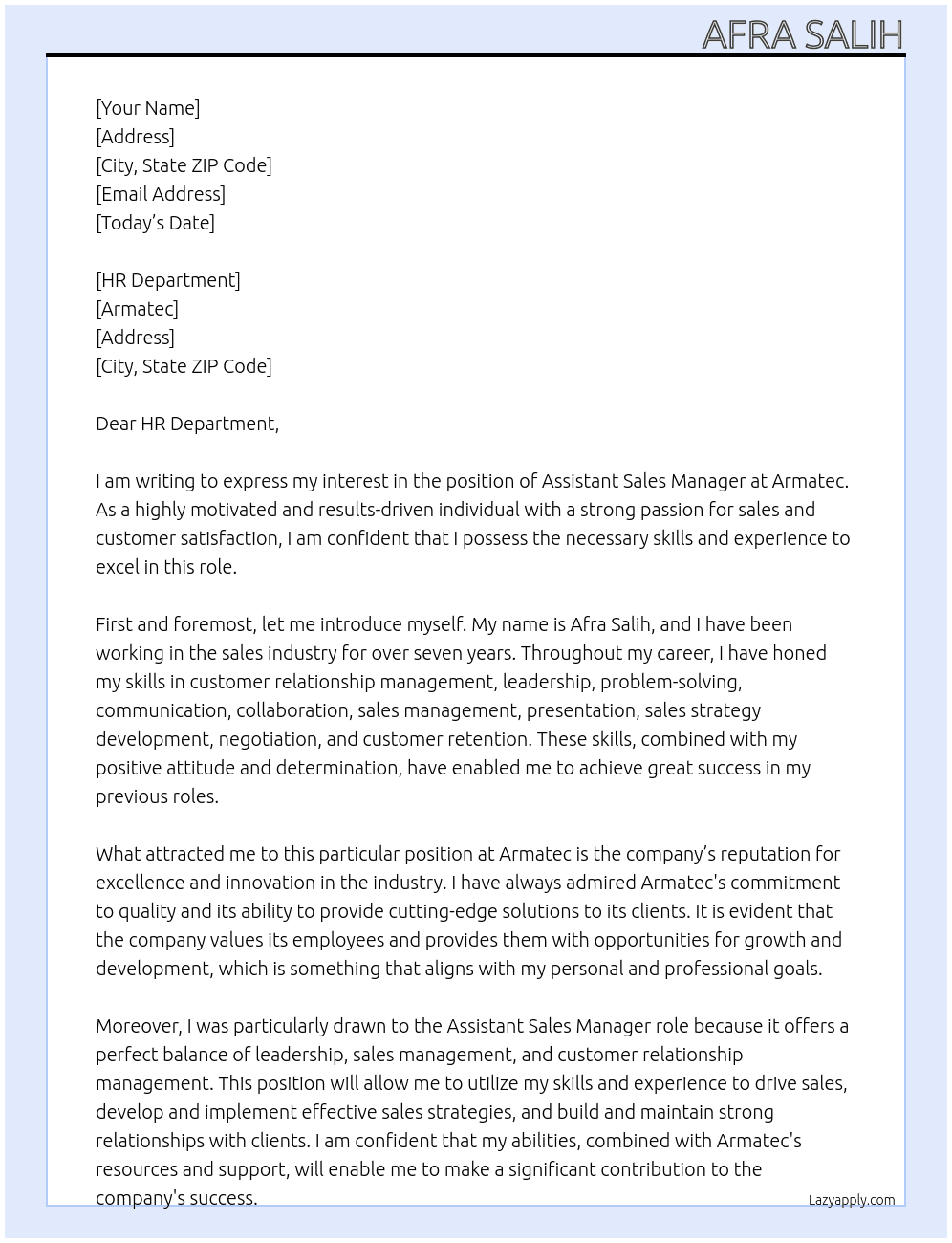 Assistant Sales Manager  At Armatec  Cover Letter