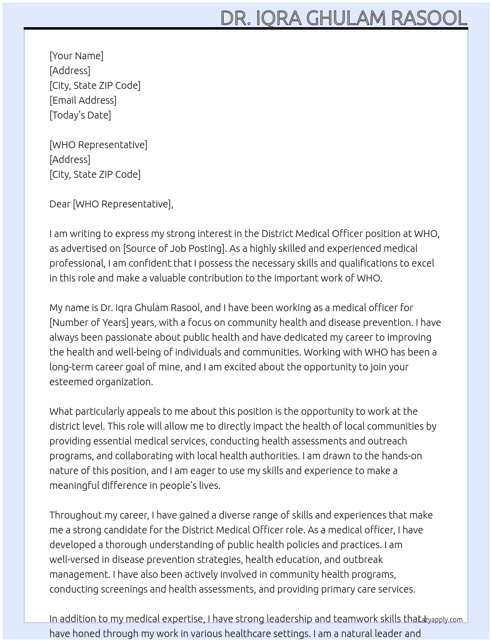 District Medical Officer At WHO Cover Letter