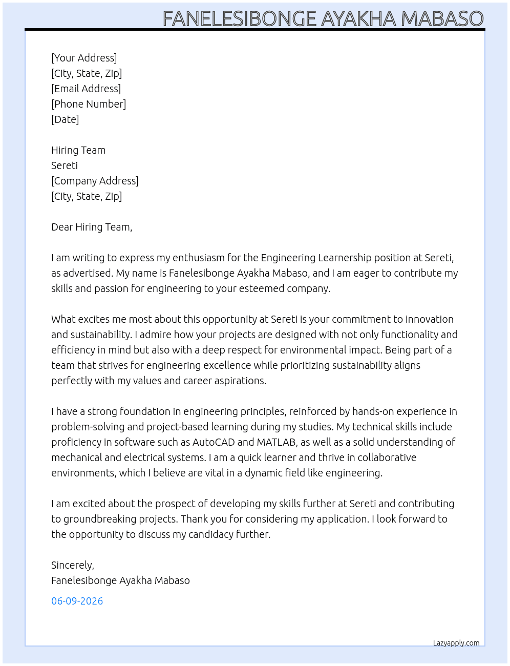Engineering Learnership  At Sereti  Cover Letter