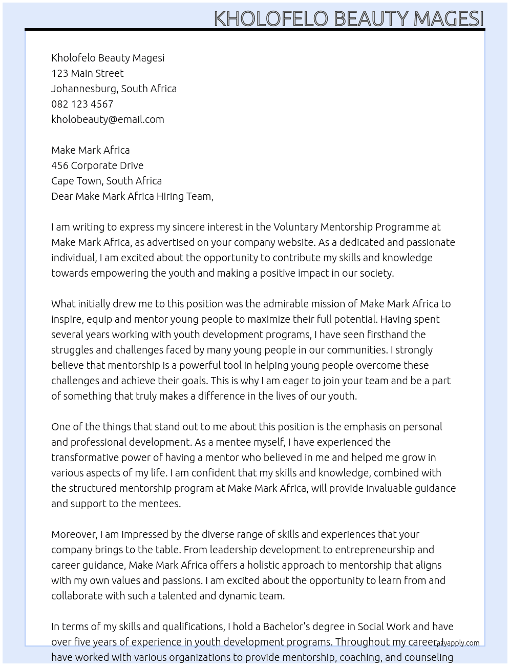 Voluntary mentorship programme At Makemarkafrica Cover Letter