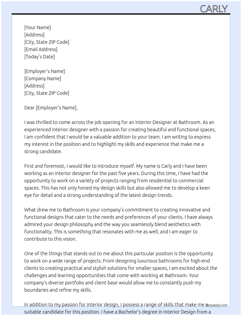 interior design  At bathroom  Cover Letter