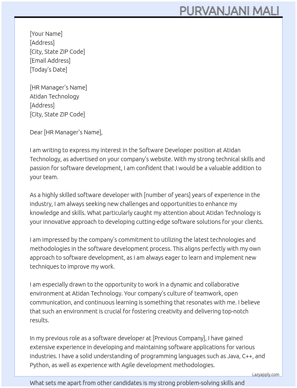 Software developer  At Atidan Technology  Cover Letter