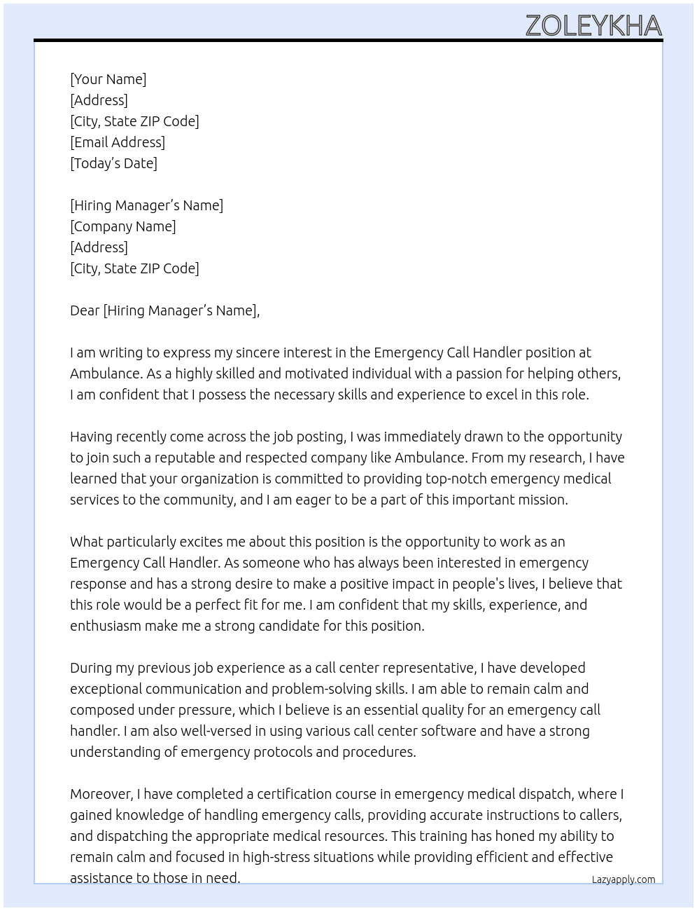 Emergency Call Handler At ambulance Cover Letter