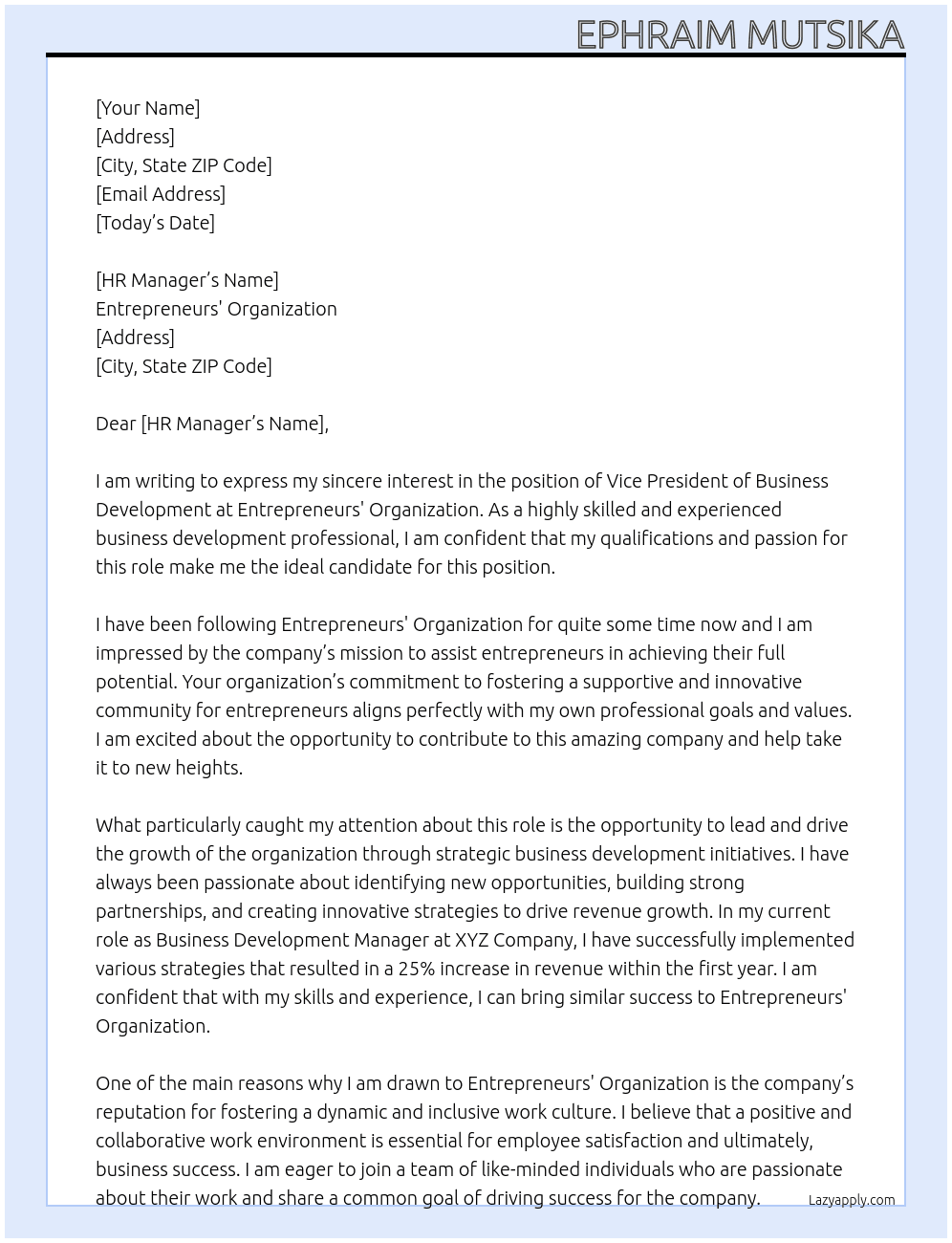 Cover letter for vice president, business development - LazyApply