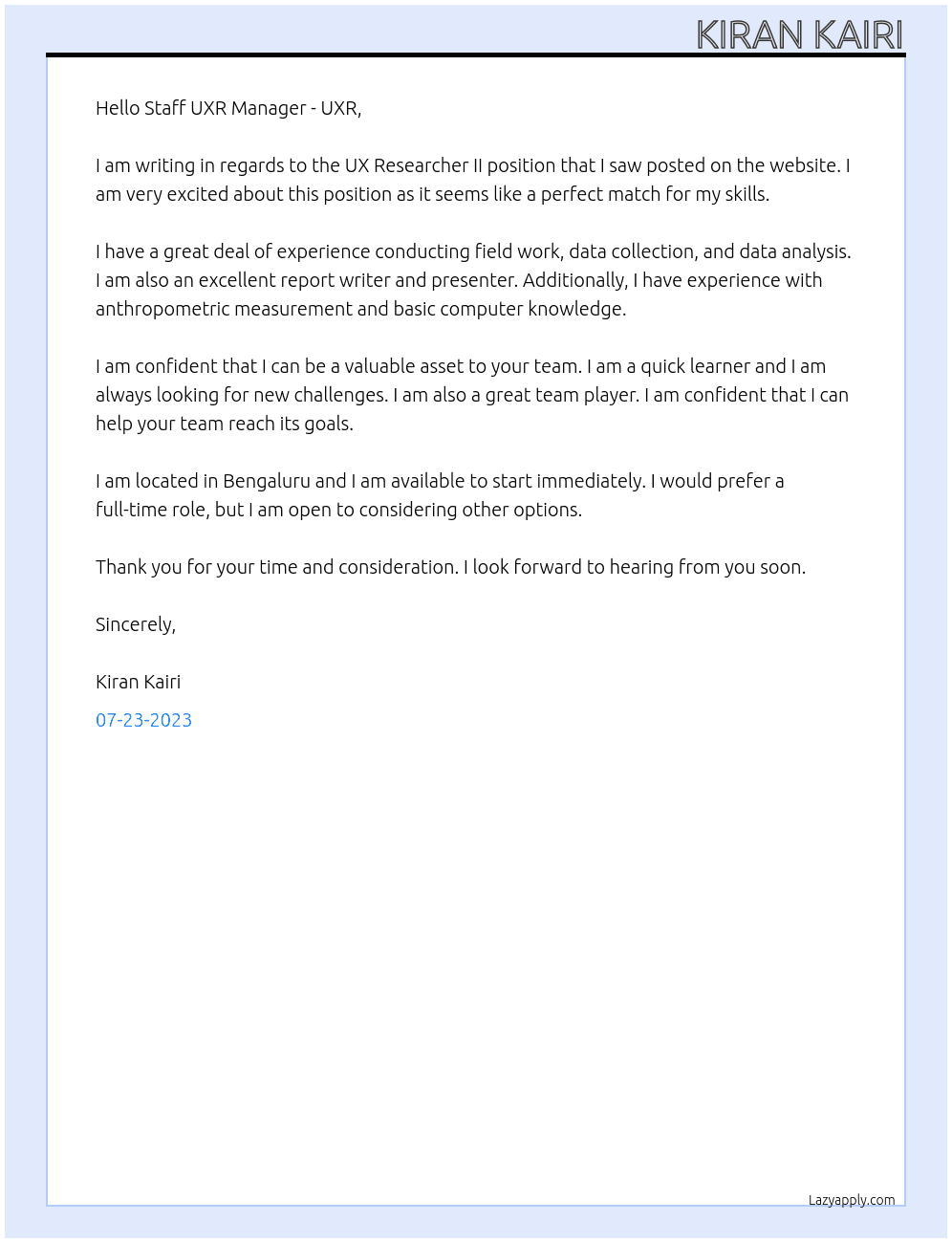 UX Researcher II At Hotstar Cover Letter
