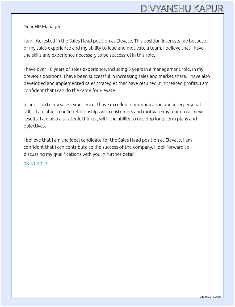 Sales Head At Elevate Cover Letter