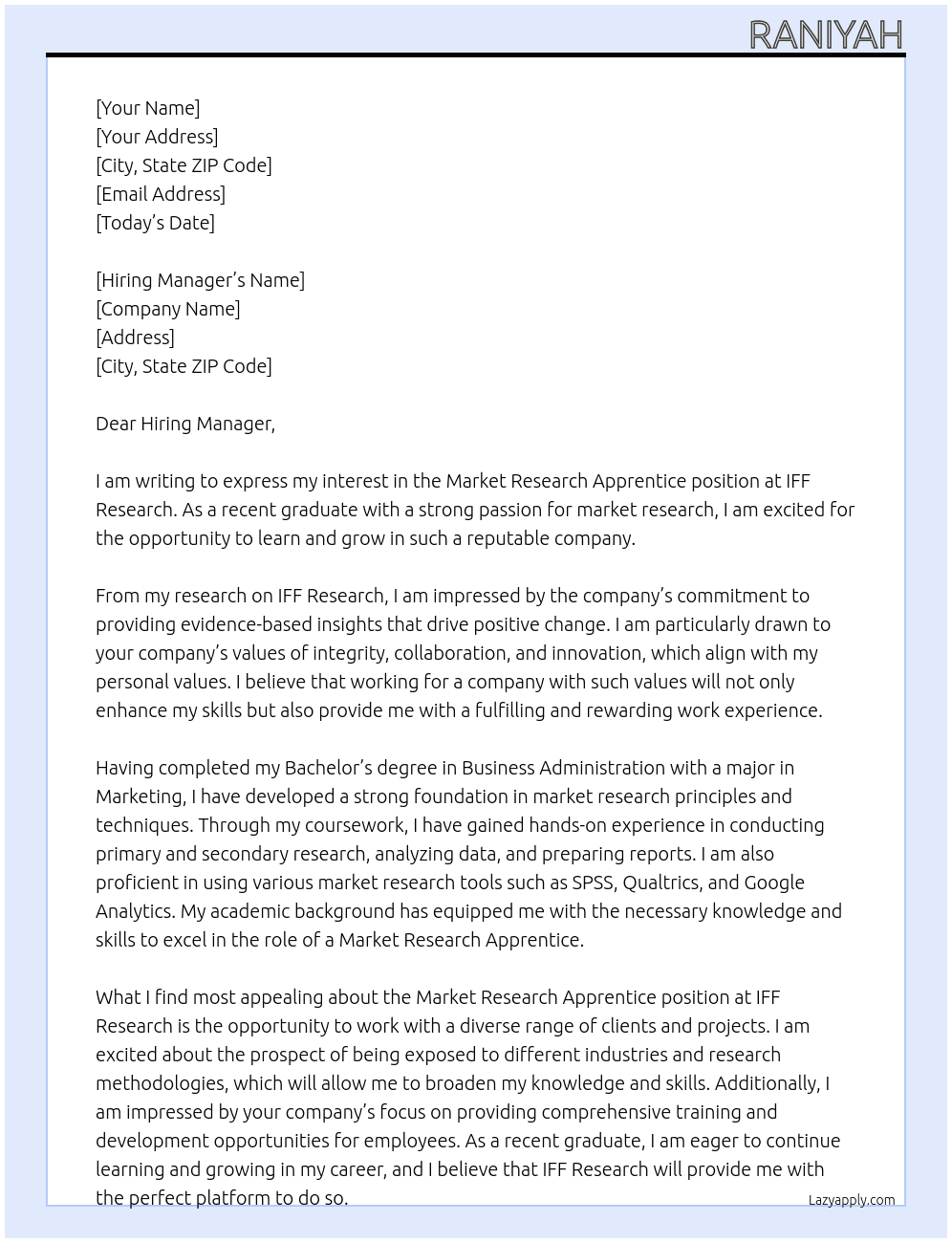 Market Research Apprentice At IFF Research Cover Letter