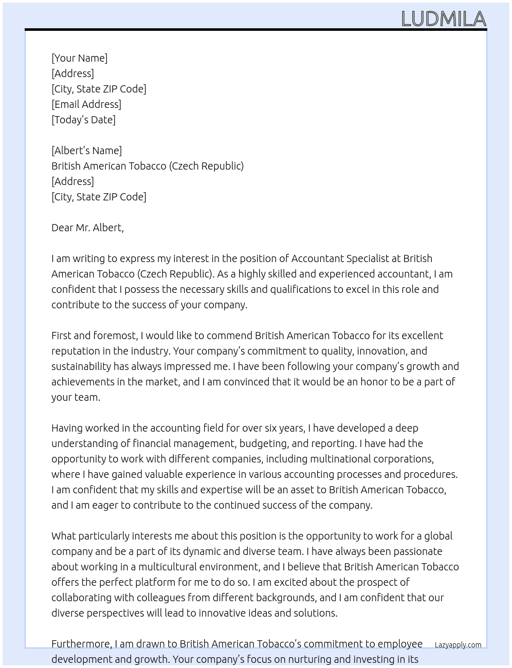 Cover letter for accountant specialist - LazyApply