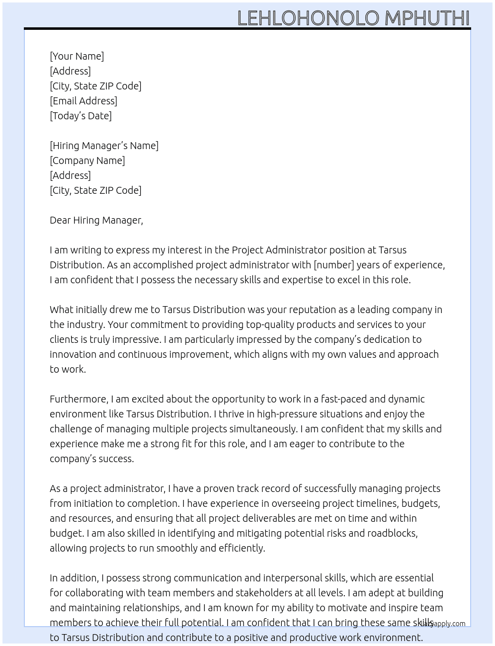 Project Administrator At Tarsus Distribution  Cover Letter