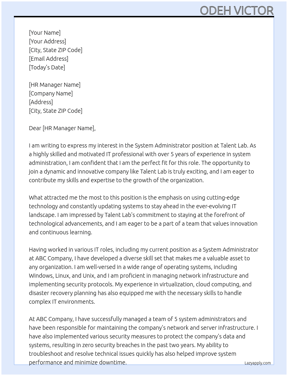 System Administrator  At Talent Lab Cover Letter