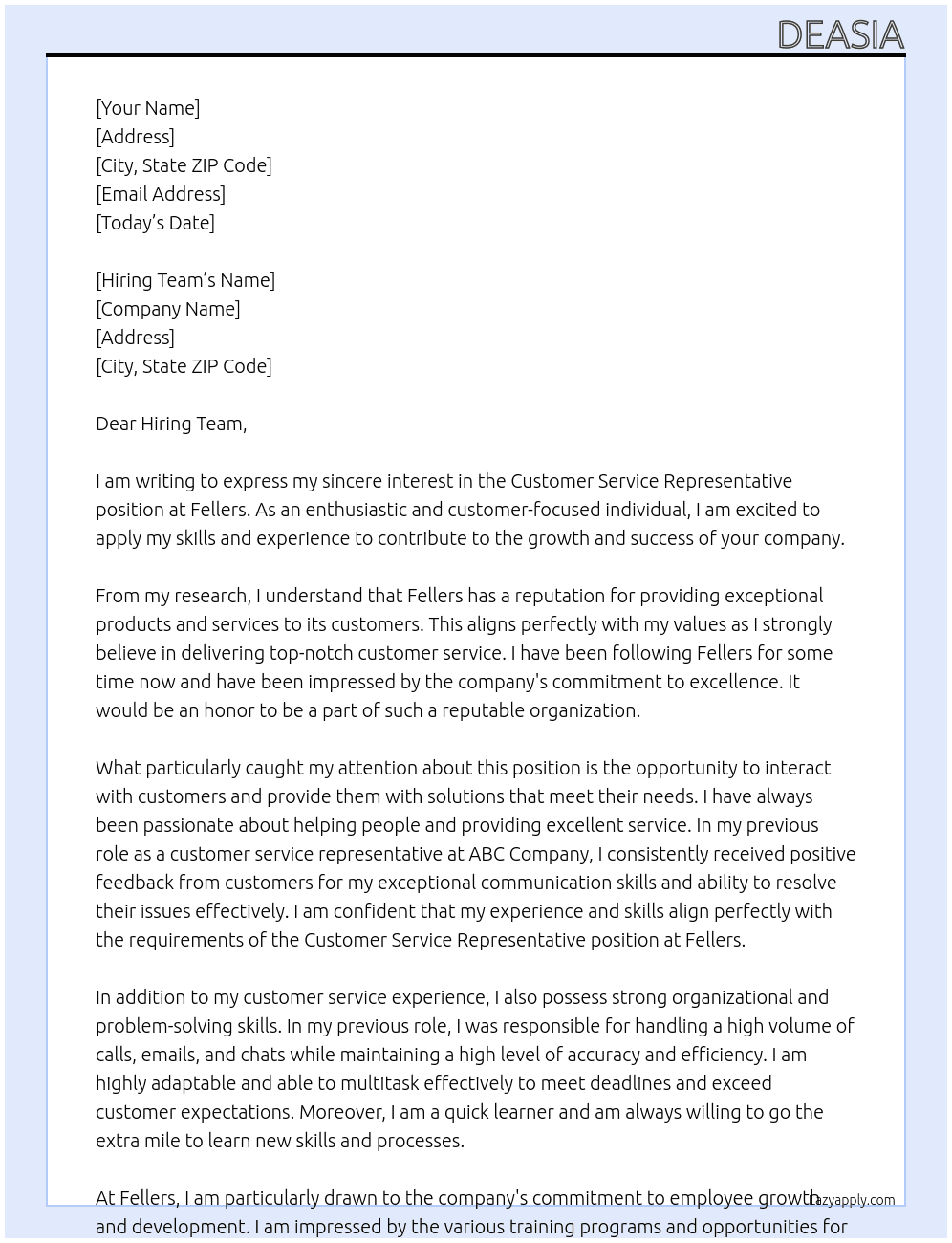 Customer service representative  At Fellers Cover Letter