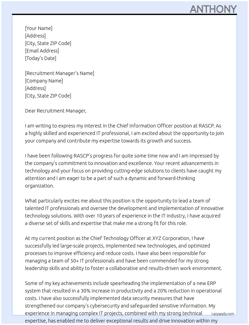 Chief Information officer At RASCP Cover Letter