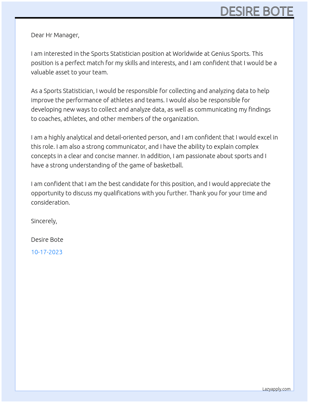 Sports Statistician  At  Worldwide at Genius Sports Cover Letter