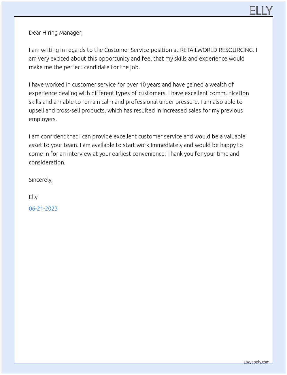 Customer Service At RETAILWORLD RESOURCING Cover Letter