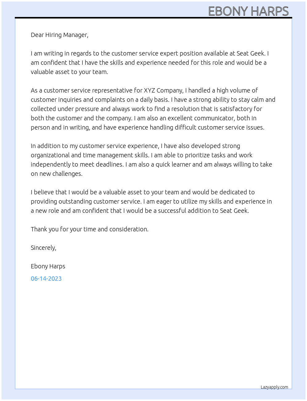 Customer service expert At Seat Geek Cover Letter