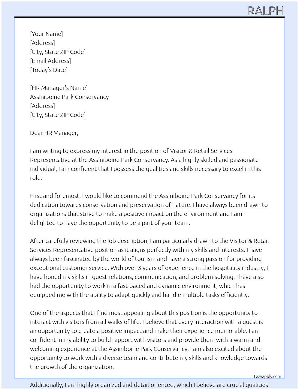 Visitor & Retail Services Representative At Assiniboine Park Conservancy Cover Letter