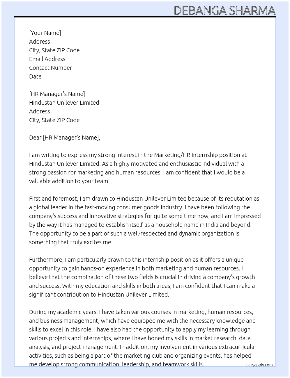 Marketing/HR internship At Hindustan Unilever Limited Cover Letter