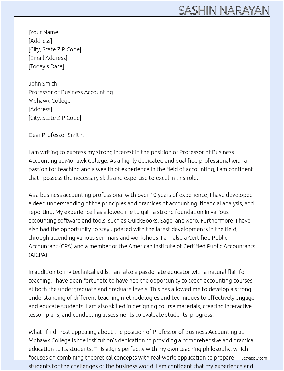 Professor of Business Accounting  At Mohawk College Cover Letter