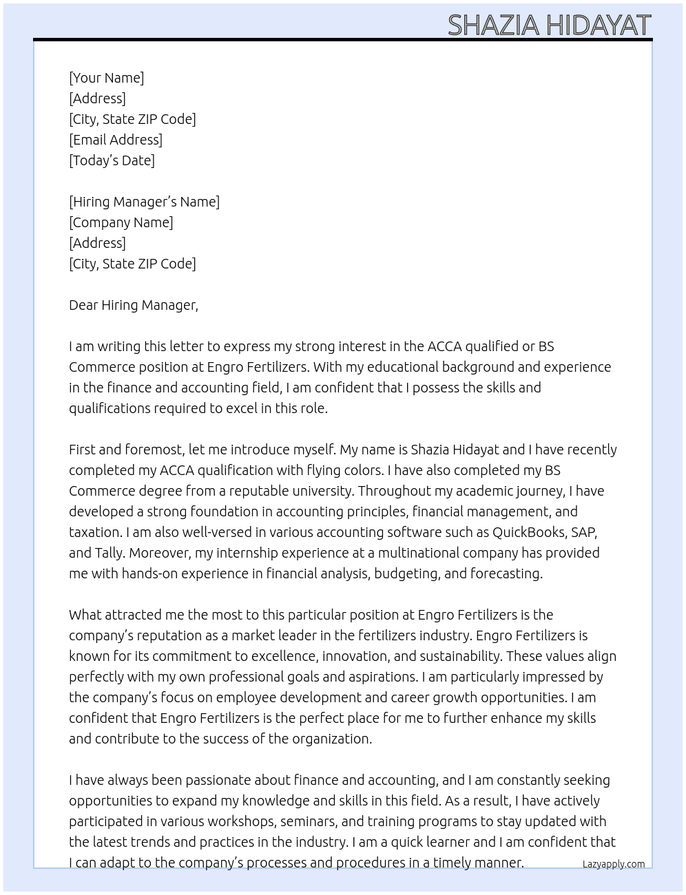 ACCAQUALIFIED OR BS COMMEERCE At ENGRO FERTILIZERS Cover Letter
