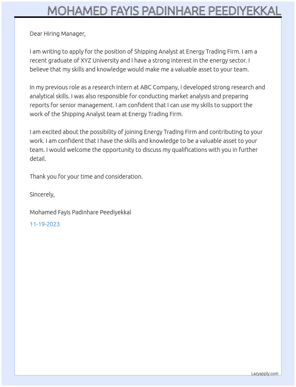 Shipping analyst At Energy Trading Firm Cover Letter