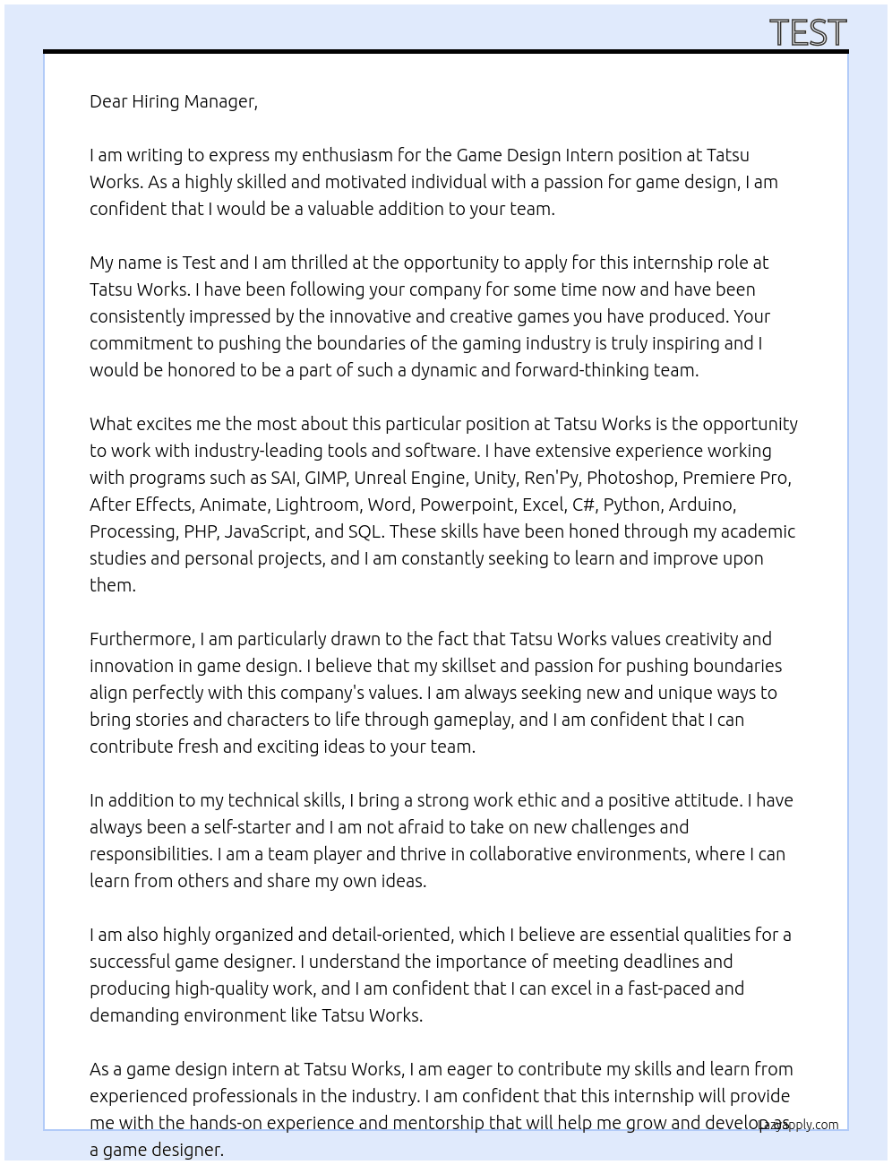 Game Design Intern At Tatsu Works Cover Letter