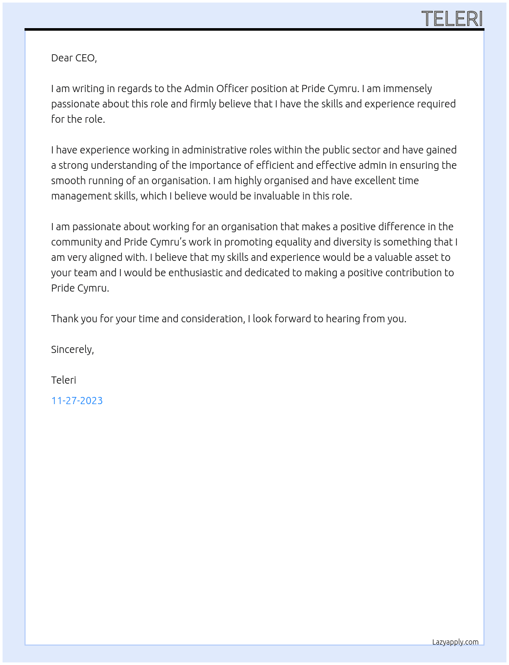 Admin Officer At Pride Cymru Cover Letter