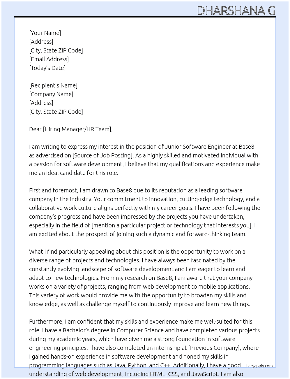 Junior software Engineer  At Base8 Cover Letter
