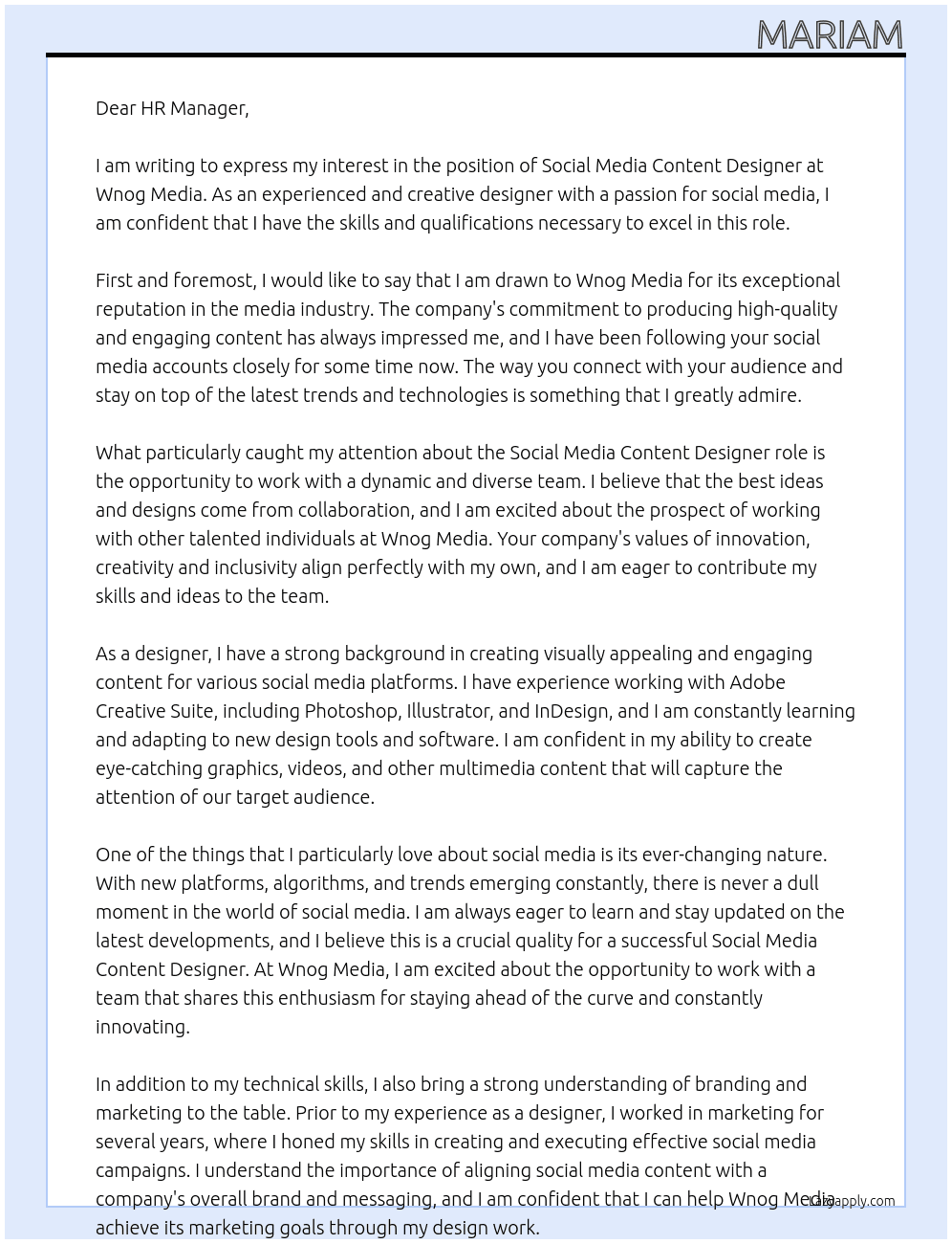 social media content designer At Wnog Media Cover Letter