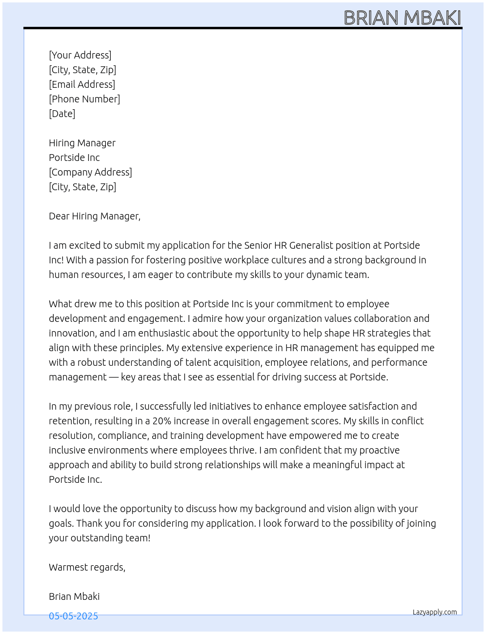 Senior HR Generalist At Portside Inc Cover Letter