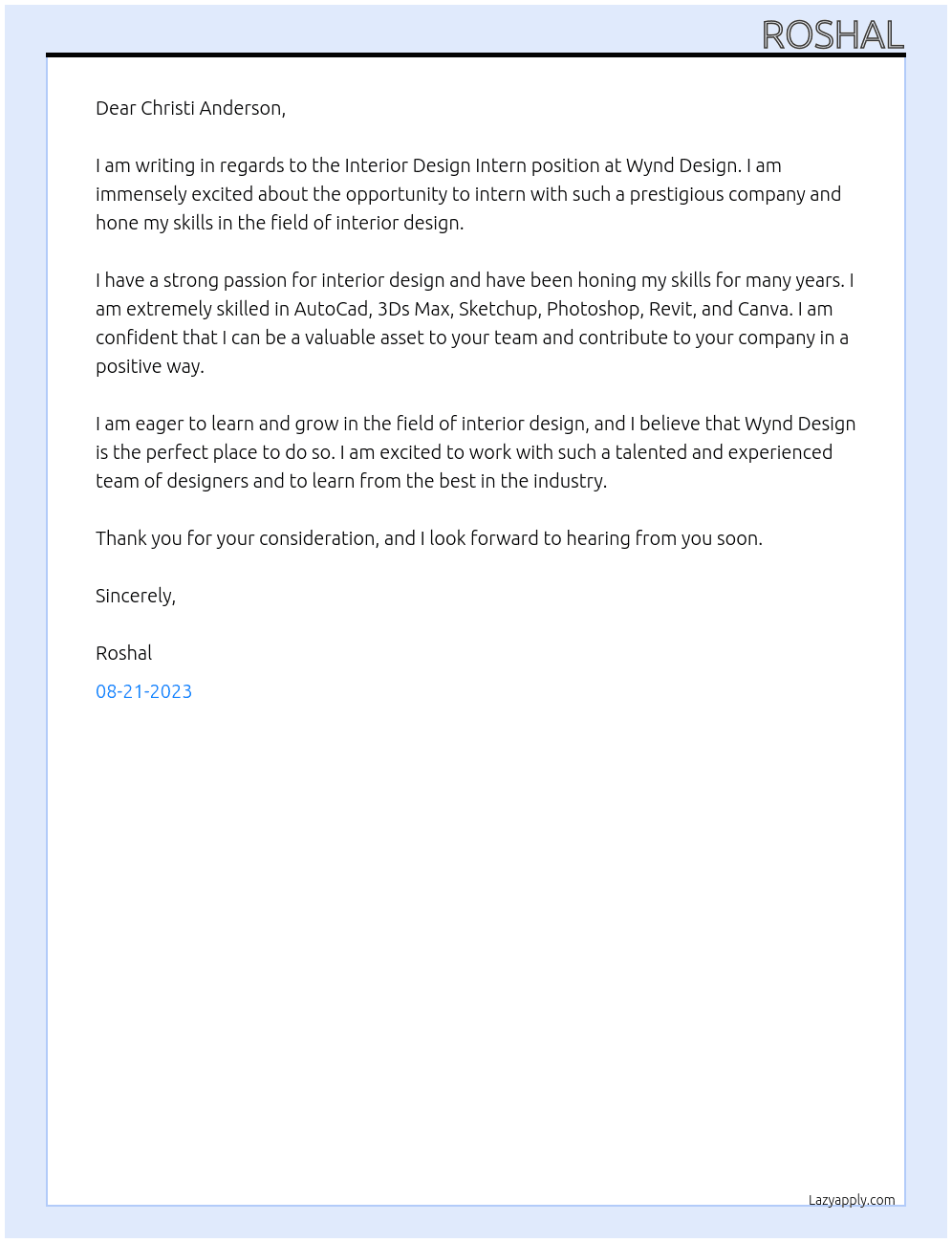 Interior Design Intern At Wynd Design Cover Letter