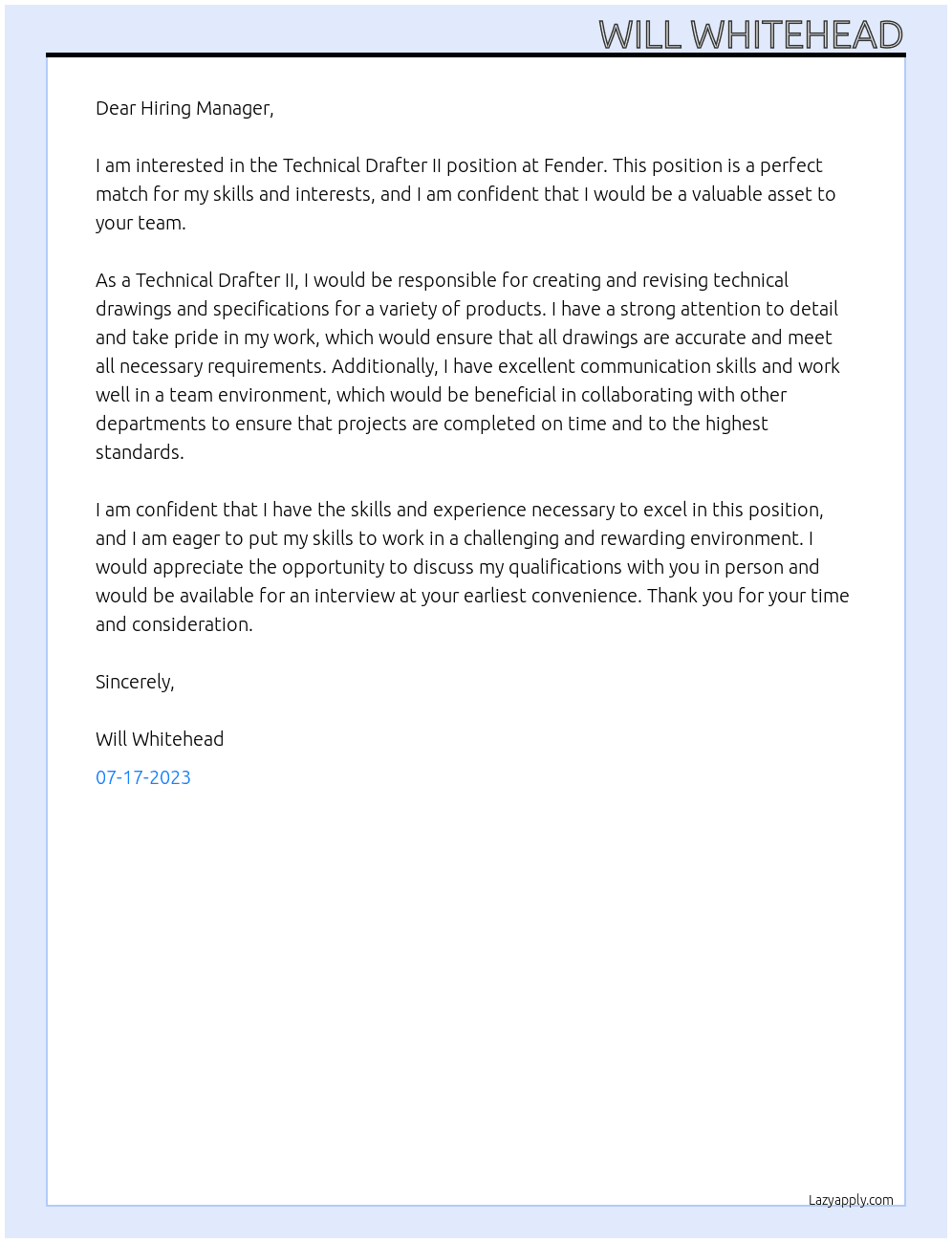 Technical Drafter II At Fender Cover Letter