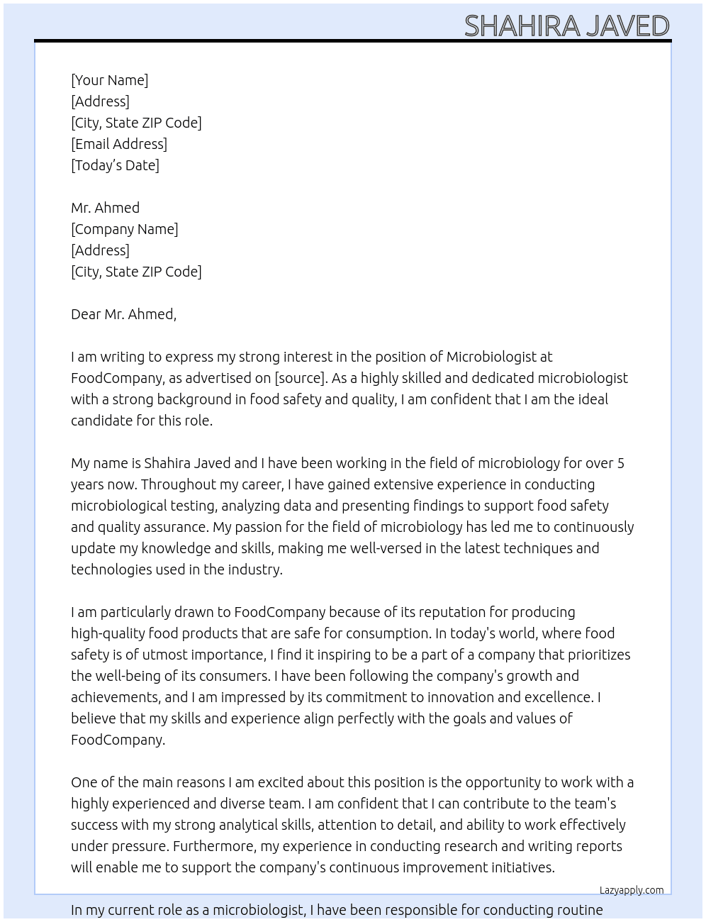 microbiologist At foodcompany Cover Letter