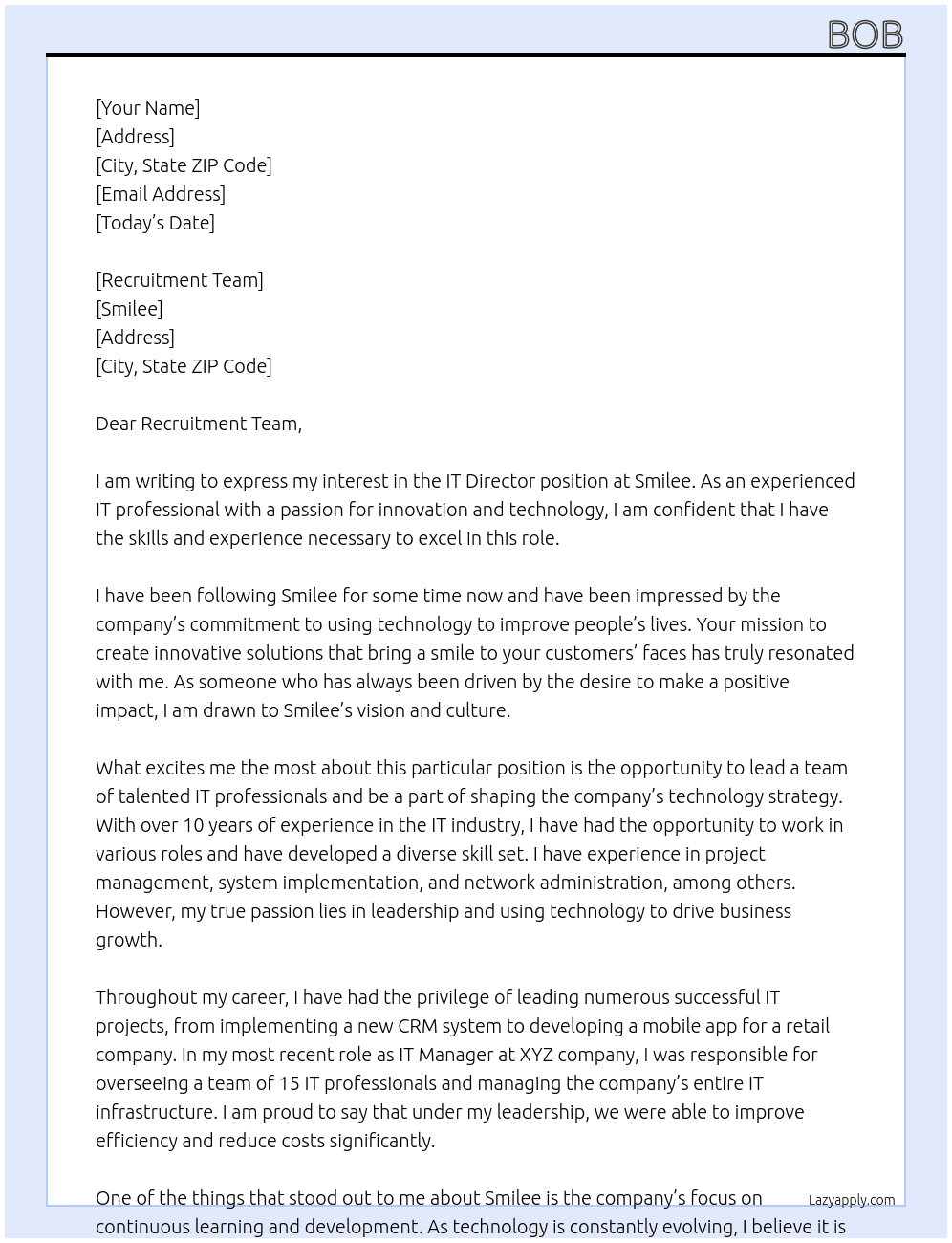 IT Director At Smilee Cover Letter