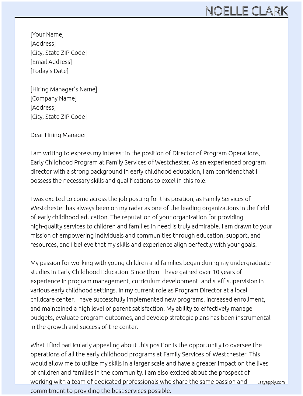  Director of Program Operations, Early Childhood Program At Family Services of Westchester  Cover Letter