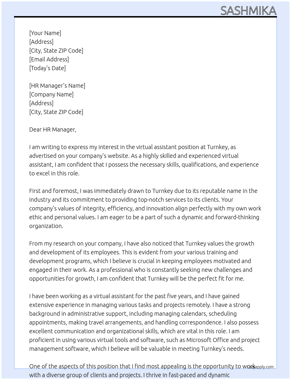 virtual assistant At turnkey Cover Letter