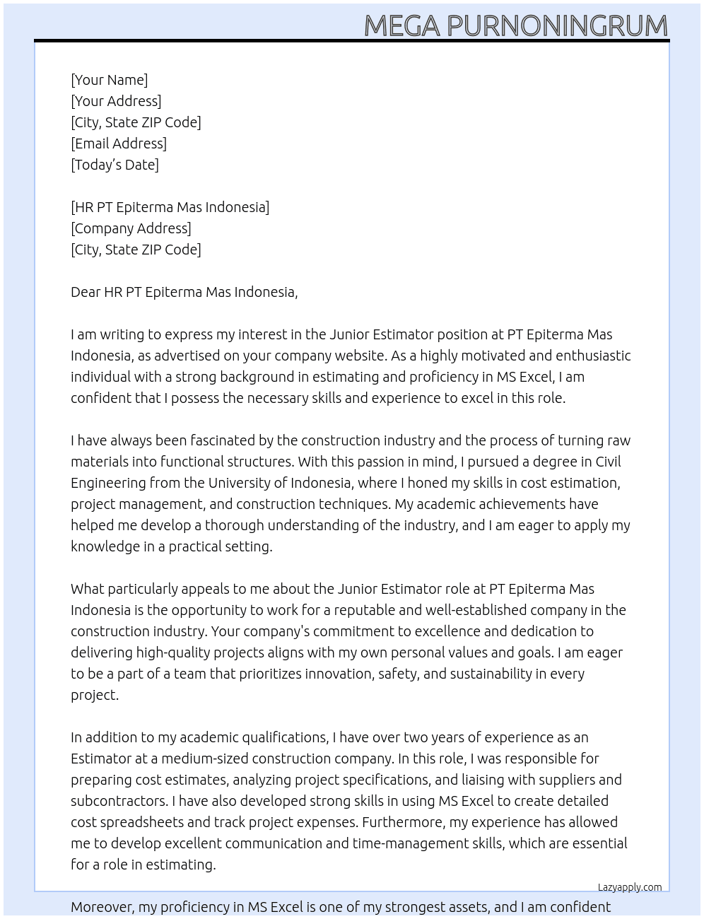 Junior estimator At PT Epiterma Mas Indonesia Cover Letter