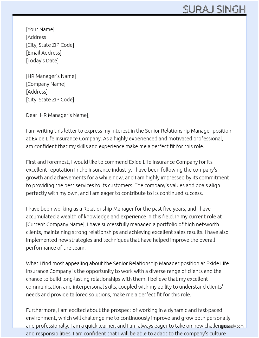 Senior Relationship manager At Exide Life Insurance Company Cover Letter