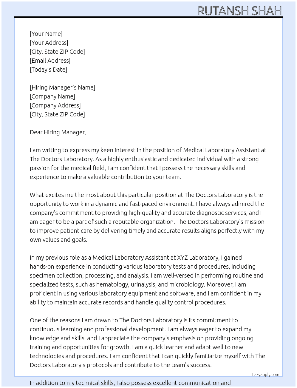 Medical Laboratory Assistant At The Doctors Laboratory Cover Letter