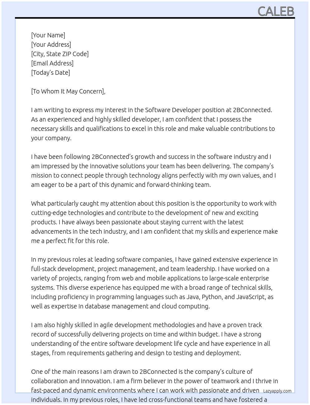 Software developer At 2BConnected Cover Letter