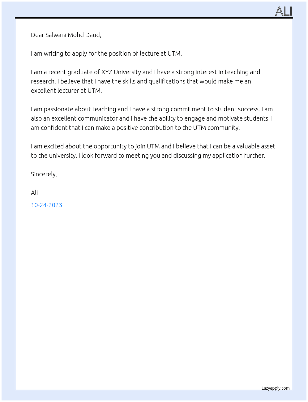 lecture At UTM Cover Letter