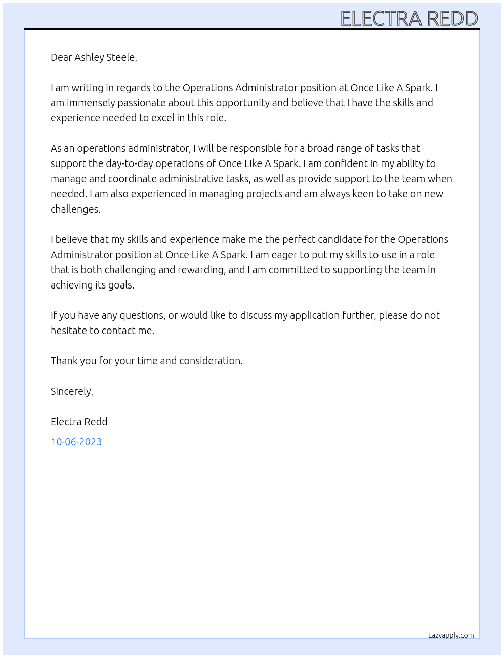 Operations Administrator  At Once Like A Spark Cover Letter