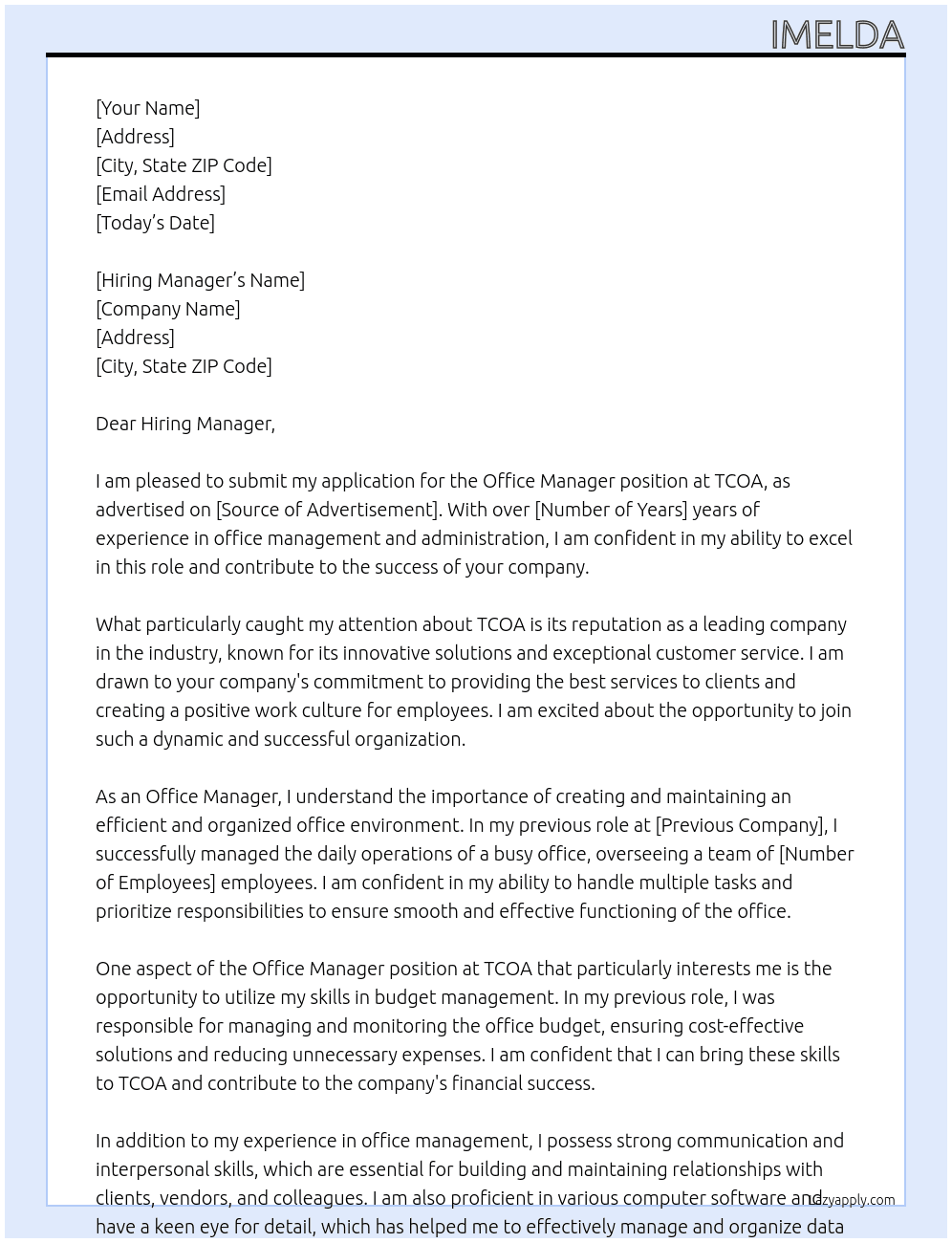Office Manager At TCOA Cover Letter