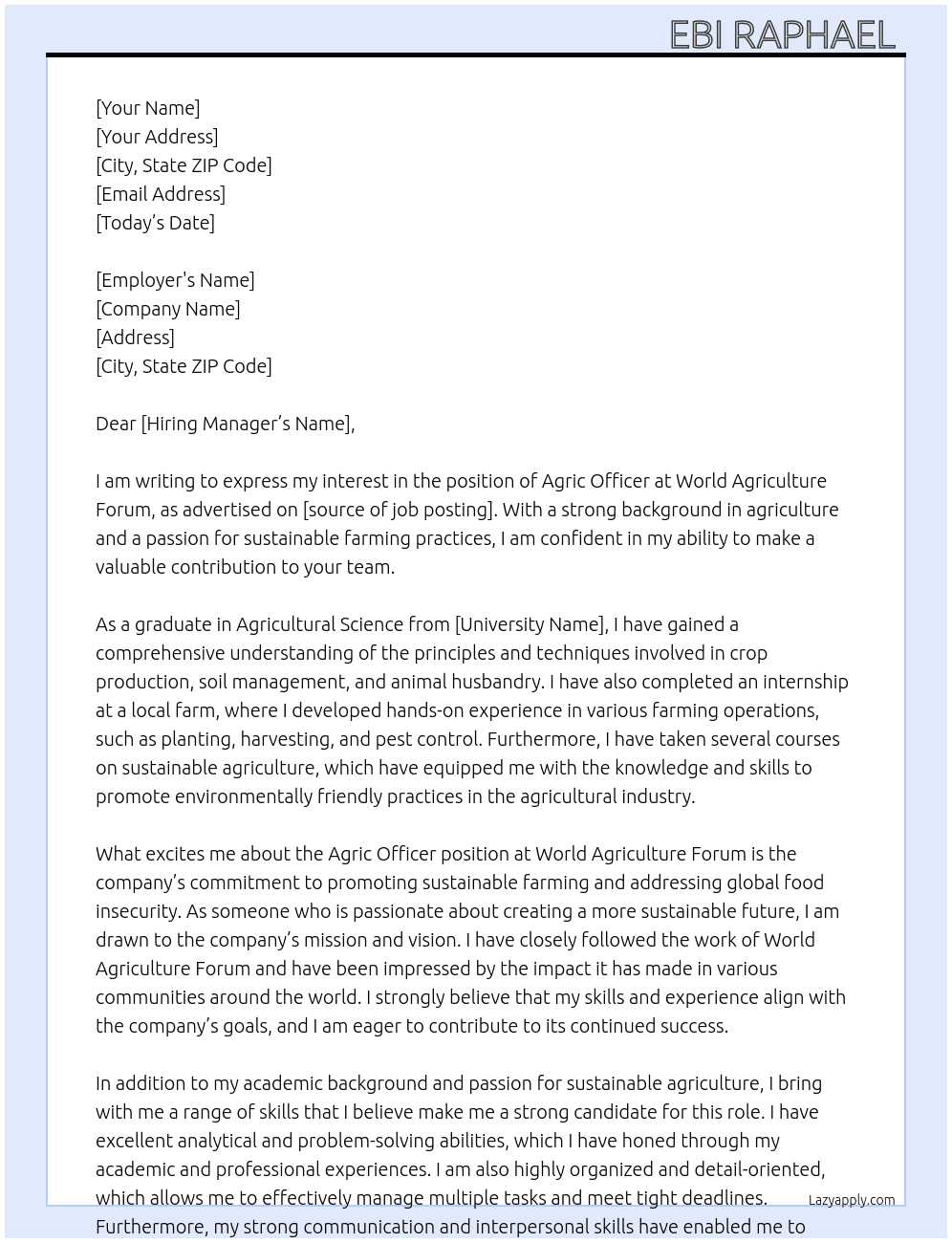 Agric officer  At World agriculture forum Cover Letter