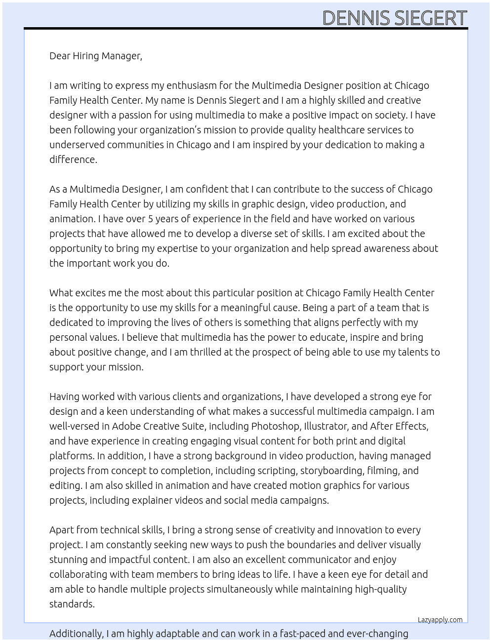 Multimedia Designer At Chicago Family Health Center Cover Letter