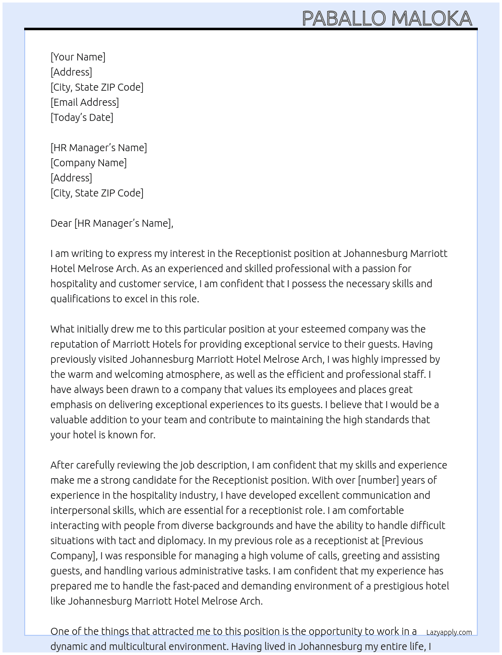 Receptionist  At Johannesburg Marriott Hotel Melrose Arch Cover Letter