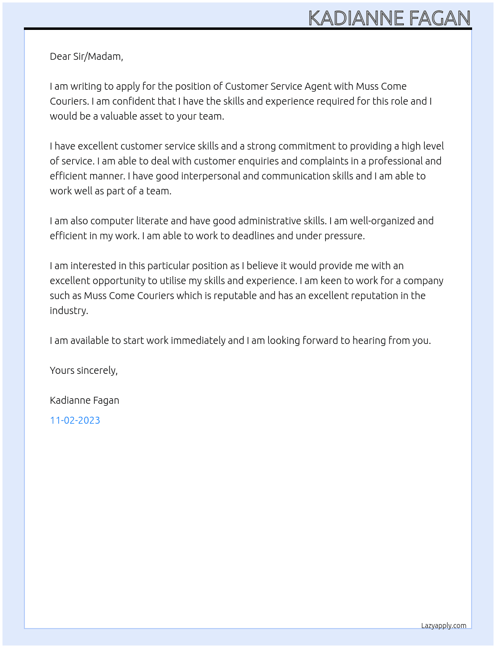 Customer Service Agent At Muss Come Couriers Cover Letter