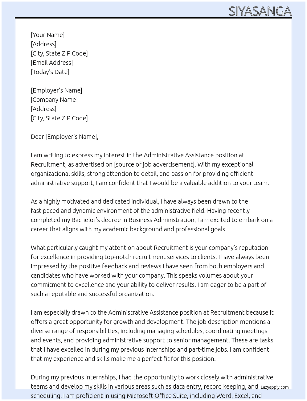 Administrative Assistance At Recruitment Cover Letter