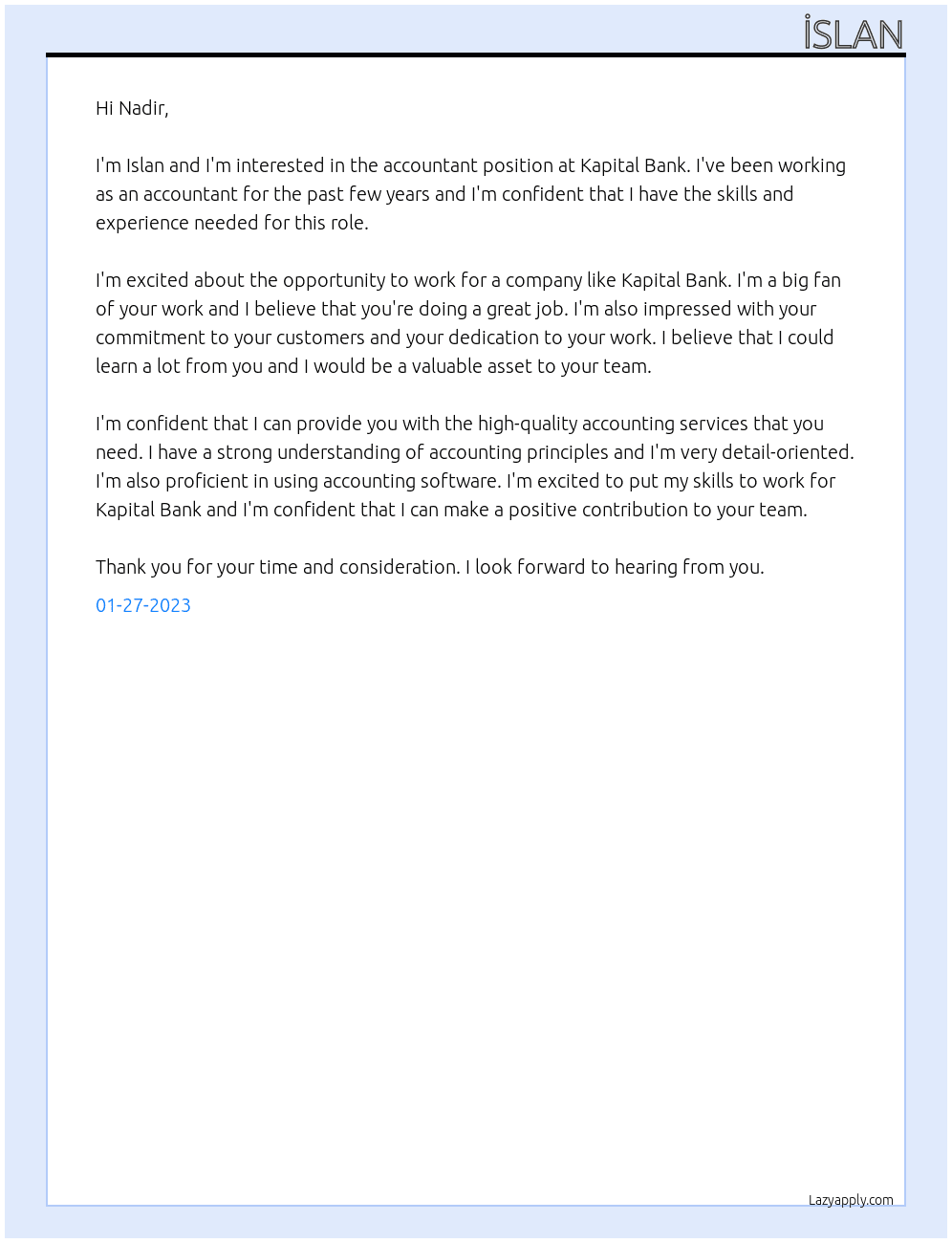 Accountant  At Kapital bank  Cover Letter