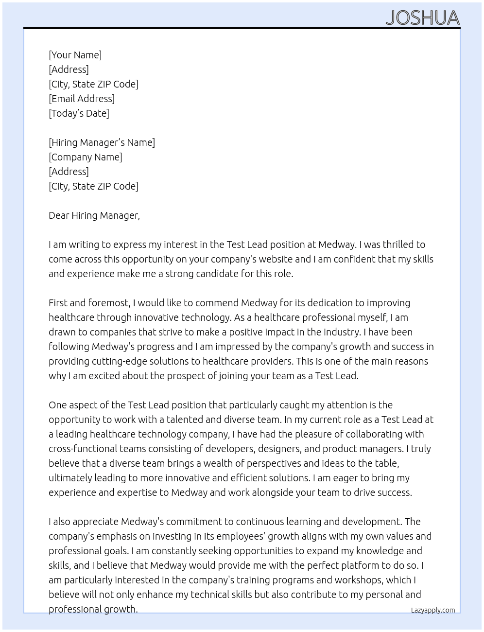Test Lead At Medway Cover Letter